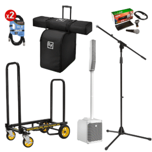 Electro-Voice EVOLVE 30M White – Carrying and Rolling Bag – Rock-N-Roller R2RT – Mic Stand – PG48 Mic – (2) XLR Cables
