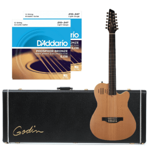 Godin A12 12-string – Natural Semi-gloss (025343) – Godin V1095 Hard Shell Case – (2) D’Addario EJ38 Phosphor Bronze
