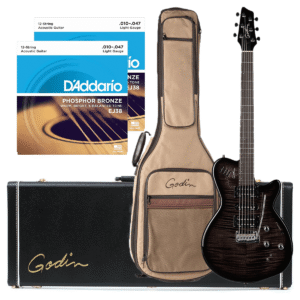 Godin 025503 xtSA Trans Black Flame 6 string Electric Guitar – Godin V1095 Hard Shell Case – (2) D’Addario EJ38 Phosphor Bronze