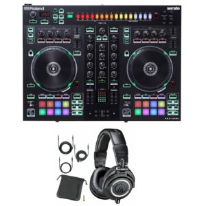 Roland DJ-505 Serato DJ Controller with Strip Light Kit & Audio-Technica ATH-M50x Professional Monitor Headphones